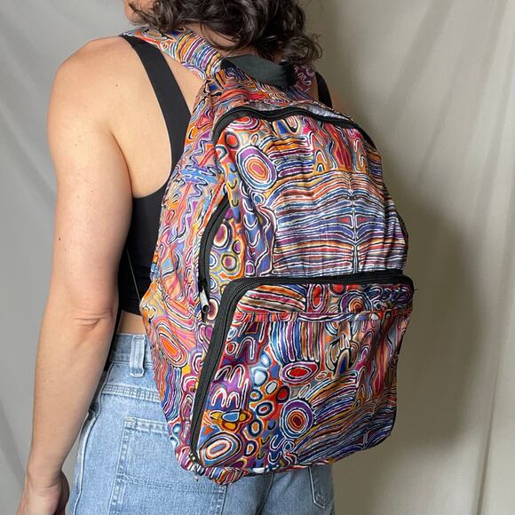 New Warlukurlangu abstract psychedelic print packable fold-up backpack travel - Picture 15 of 17